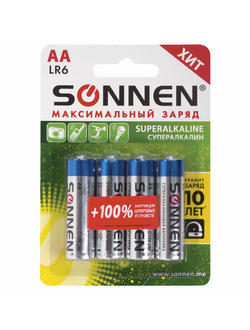 Батарейки КОМПЛЕКТ 4 шт., SONNEN Super Alkaline, АА (LR6,15А), алкалиновые, пальчиковые, блистер, 451094