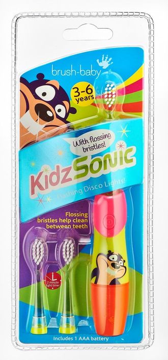 Детская электрическая звуковая зубная щетка KidzSonic, от 3-х до 6-ти лет, розовая, Brush-Baby.