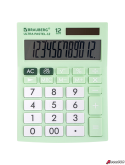 Калькулятор настольный BRAUBERG ULTRA PASTEL-12-LG (192×143 мм), 12 разрядов, двойное питание, МЯТНЫЙ. 250504