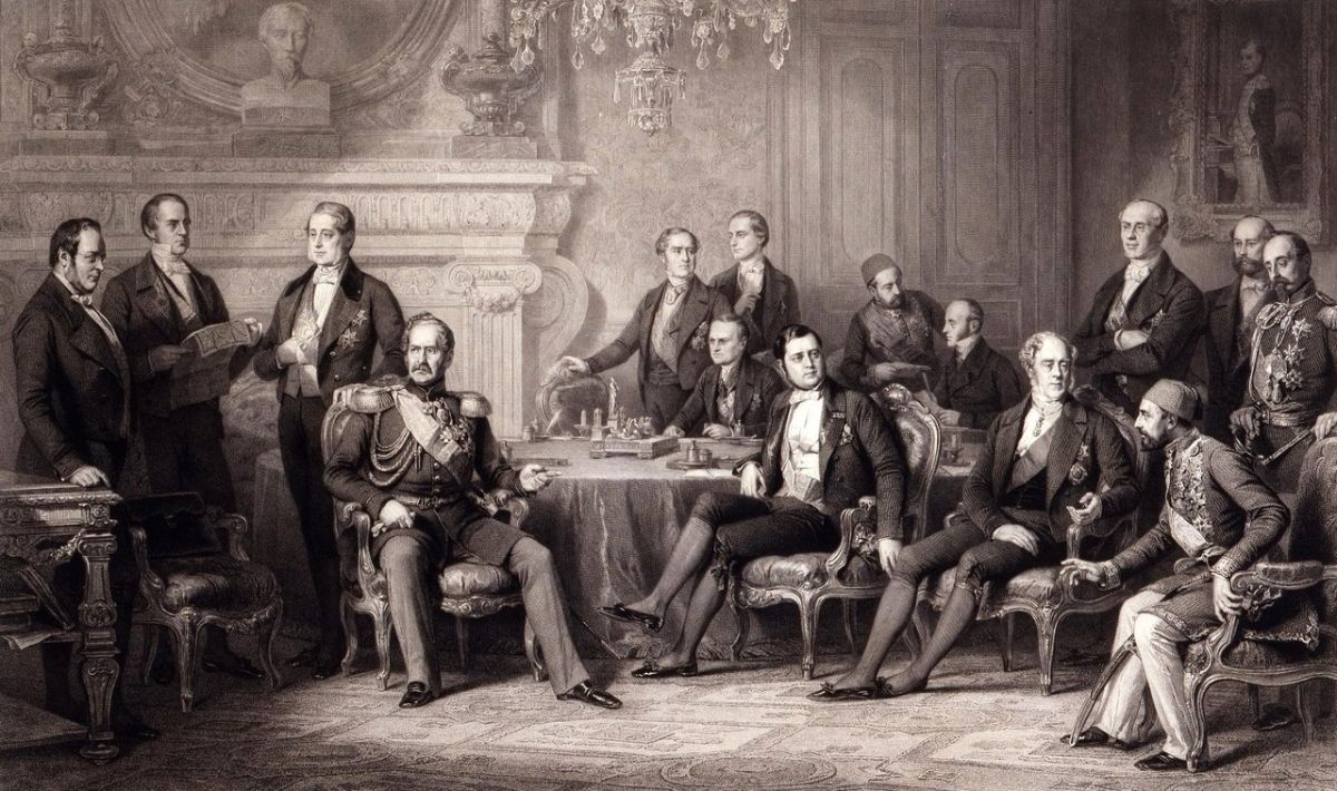 Парижский конгресс 30 марта 1856 года. Гравюра О. Бланшара по оригиналу Э. Дюбюфа. Париж, 1859