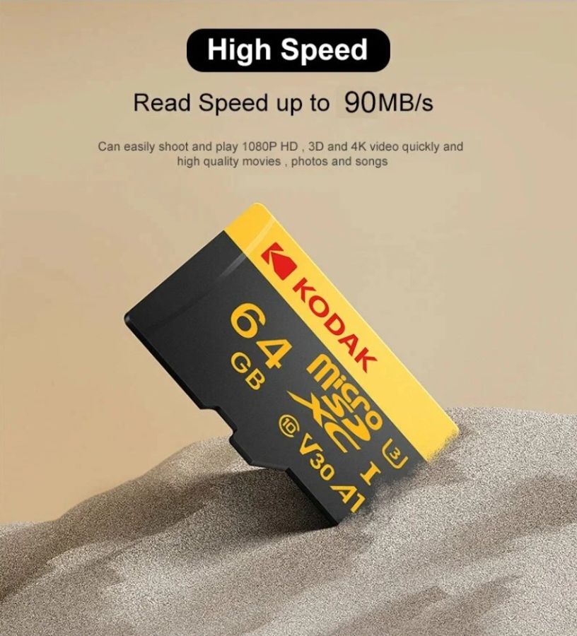 Карта памяти Kodak Micro SD, класс 10, UHS-1 U3 V30 A1 на 64 ГБ, чтение 100 МБ/с, запись данных 90 М
