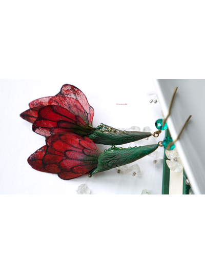 Летние серьги &quot;Крылышки Маковой Феи, коконы Дриад и капельки росы&quot;