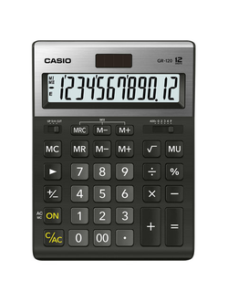 Калькулятор настольный CASIO GR-120-W (210х155 мм), 12 разрядов, двойное питание, черный, МЕТАЛЛИЧЕСКАЯ ВЕРХЯЯ ПАНЕЛЬ, GR-120-W-EP