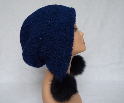 Синяя меланжевая шапка ушанка с помпонами Италия фото
