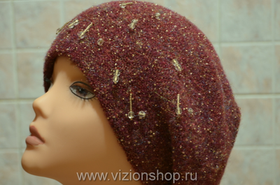 Бордовый женский красивый берет с украшениями