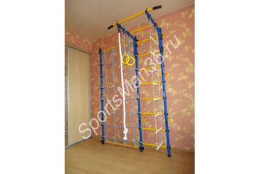 ДСК ЮНЫЙ АТЛЕТ МОДЕЛЬ "ПРИСТЕННЫЙ С СТОЙКОЙ-СЕТКОЙ"^ цвет металла синий, перекладины желтые.