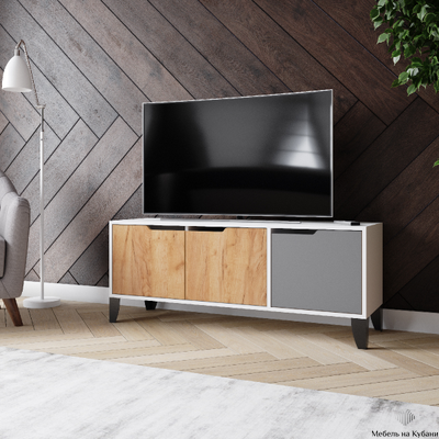 ТВМ-4 Тумба под ТВ Дуб Белый с тиснением/Дуб Крафт Золотой/Графит Серый