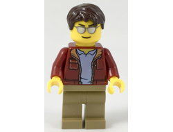 Man, Dark Red Jacket with Bright Light Blue Shirt, Dark Tan Legs, Dark Brown Short Tousled Hair, Sunglasses Truck Driver, n/a (cty0985)