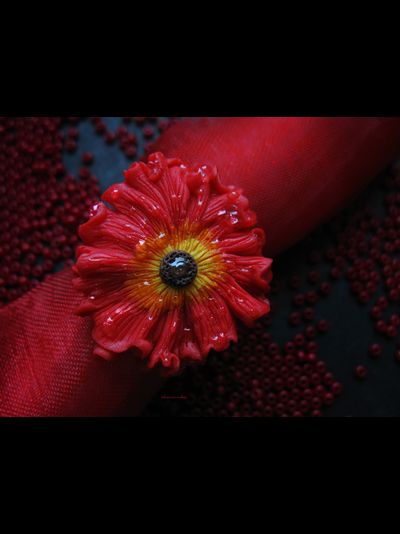 Кольцо-цветок "Алый Мак и роса"