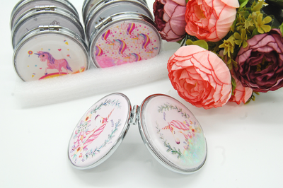 Зеркальце карманное двойное с блестками (ТИП: Бабочки, Единорог)