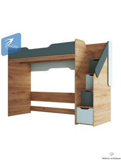 Rich КР-001 Кровать чердак Дуб Крафт золотой - Мята/Сумеречный голубой