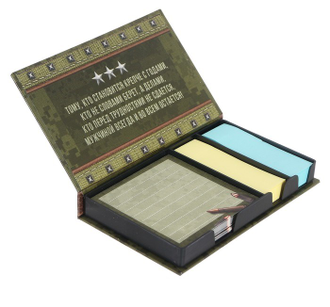 Бумажный блок в пластиковом футляре "С Днём защитника Отечества": 100 листов и 2 набора стикеров