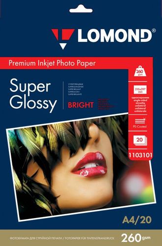 Суперглянцевая ярко-белая (Super Glossy Bright) микропористая фотобумага Lomond для струйной печати, A4, 260 г/м2, 20 листов.