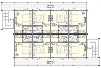 Трехэтажная гостиница из клееного бруса, 550 м2