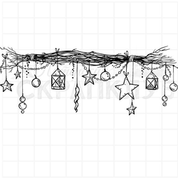 Штамп Новогодняя гирлянда с игрушками и фонариками на ветках