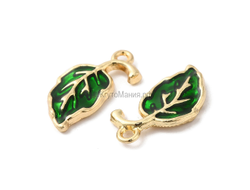 ПОДВЕСКА С ЭМАЛЬЮ "ЗЕЛЁНЫЙ ЛИСТОЧЕК" - 19.5x11x2.5 мм - ЗОЛОТО+ЦВЕТНАЯ ЭМАЛЬ