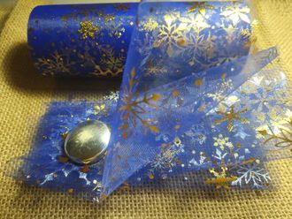 Фатин "Снежинки" цвет-синий с золотыми снежинками, длина 1 м, ширина 15 см