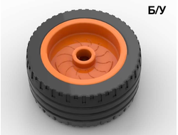! Б/У - Wheel 18mm D. x 12mm with Axle Hole and Stud with Black Tire 24 x 12 Low 18976 / 18977, Orange (18976c01) - Б/У