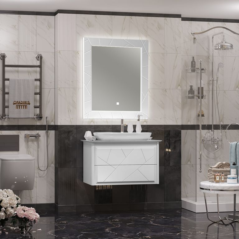 КОМПЛЕКТ МЕБЕЛИ ЛУИДЖИ 90 БЕЛЫЙ МАТОВЫЙ СО СТОЛЕШНИЦЕЙ И НАКЛАДНОЙ РАКОВИНОЙ "NOVA"