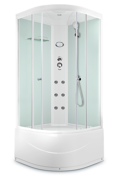 Душевая кабина DOMANI-Spa Brio низкий поддон,задняя стенки черные,белые. кн блок упр, передняя стекло прозрачные, 90x90x218 см