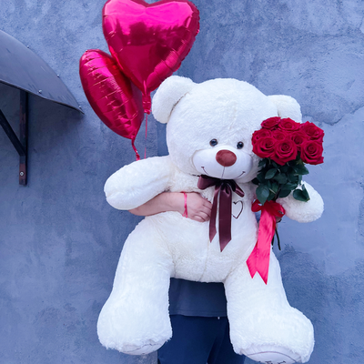 Подарочный набор №16 - Плюшевый мишка 160 см, Шары сердца 2, букет красных роз Эквадор