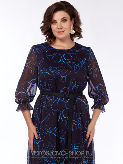 Женское шифоновое платье в синем цвете с цветочным принтом