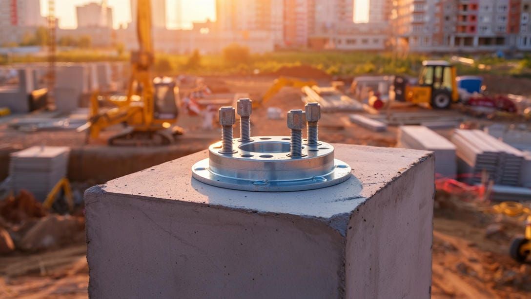 Готовый забетонированный фундамент с фланцевым соединением для монтажа опоры.