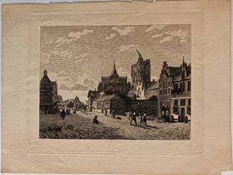 "Вид на улицу в Кельне" офорт Leon Gaucherel 1876 год
