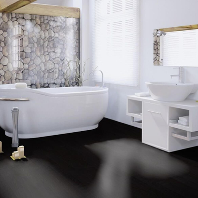 Биополы PURLINE Wineo 1500 wood XS Pure Black PL194C в интерьере ванной