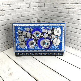Шкатулка для денег серебристо-голубая 180х100 мм деревянная с росписью Хохлома