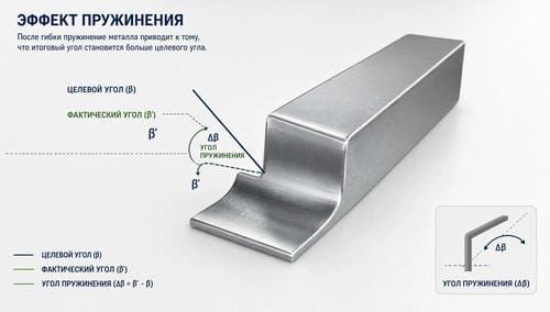 Графическое сравнение проектного угла гиба и реального угла после пружинения