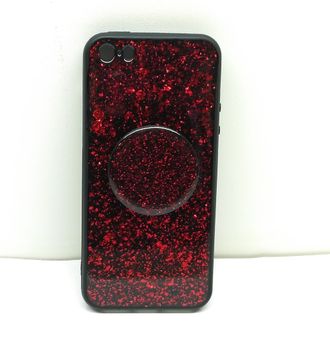 Защитная крышка силиконовая iPhone 5/5S с попсокетом, черная с красным напылением