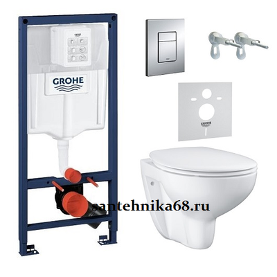 Инсталляция в сборе Grohe Solido 5 в 1 39586000: инсталляция + подвесной унитаз Bau Ceramic + сиденье с микролифтом, панель смыва Skate Cosmopolitan