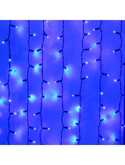 Световой занавес 380 светодиодов, 2х1.5 м, 20 нитей, черный провод, соединяемый (до 4 шт.), уличный, синий