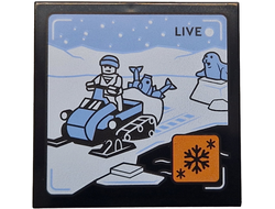 Tile 4 x 4 with 'LIVE' Broadcast with Bright Light Blue Snowmobile, Fish, Seal and Sky, White Ground and Mountains, Orange Icon with Black Snowflakes Pattern, Black (1751pb049 6530115)