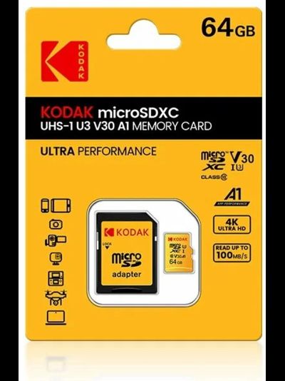 Карта памяти Kodak Micro SD, класс 10, UHS-1 U3 V30 A1 на 64 ГБ, чтение 90 МБ/с, запись данных 30 МБ/с, + переходник SD