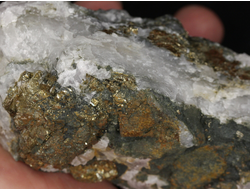 Пирит, Халькопирит на Кварце, необработанный "дикий" образец, Россия, КЧР, Урупский район (103*48*45 мм, 367 г) №37954