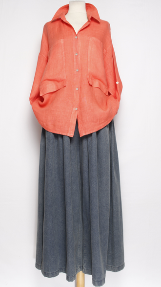 Рубашка лён "БОЛЬШИЕ КАРМАНЫ" коралл, красная  р.48-54