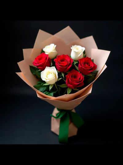 Красные и белые розы 7шт