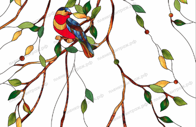 Витражная пленка, витражная пленка самоклеющаяся под заказ,пленочный витраж флора с птицами