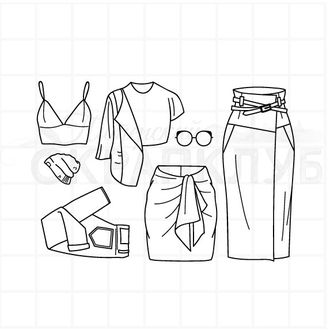 штамп Набор одежды - юбки, топ, пиджак, джинсы, очки и шапочка
