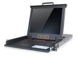 Выдвижная LCD KVM over IP консоль Kinan 17", PS/2+USB, Клавиатура Ultra-Slim, Тачпад, TFT-дисплей, 16 портов, каскадное подключение до 512 устройств, разрешение до 1280x1024 75Hz, удаленно 1440x1050 60Hz, OSD, с удаленным доступом через интернет (XL1716i)