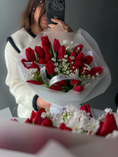 Красные тюльпаны и аллиум "RED" 25 шт