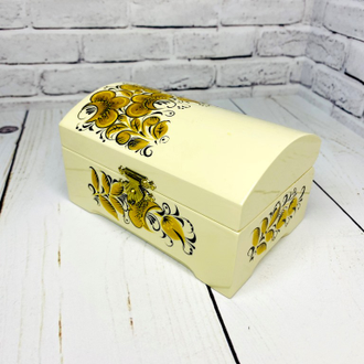 Деревянная шкатулка сундучок Белая 120*80 мм для украшений с росписью Хохлома