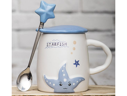 Кружка с ложкой и крышкой Морская звезда 370 мл, Цвет: Голубой/Бежевый