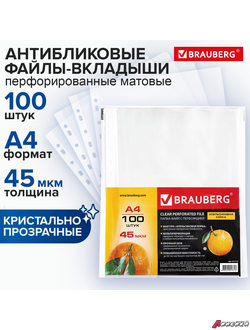 Папки-файлы перфорированные А4 BRAUBERG «PREMIUM», КОМПЛЕКТ 100 шт., матовые, 45 мкм. 221713