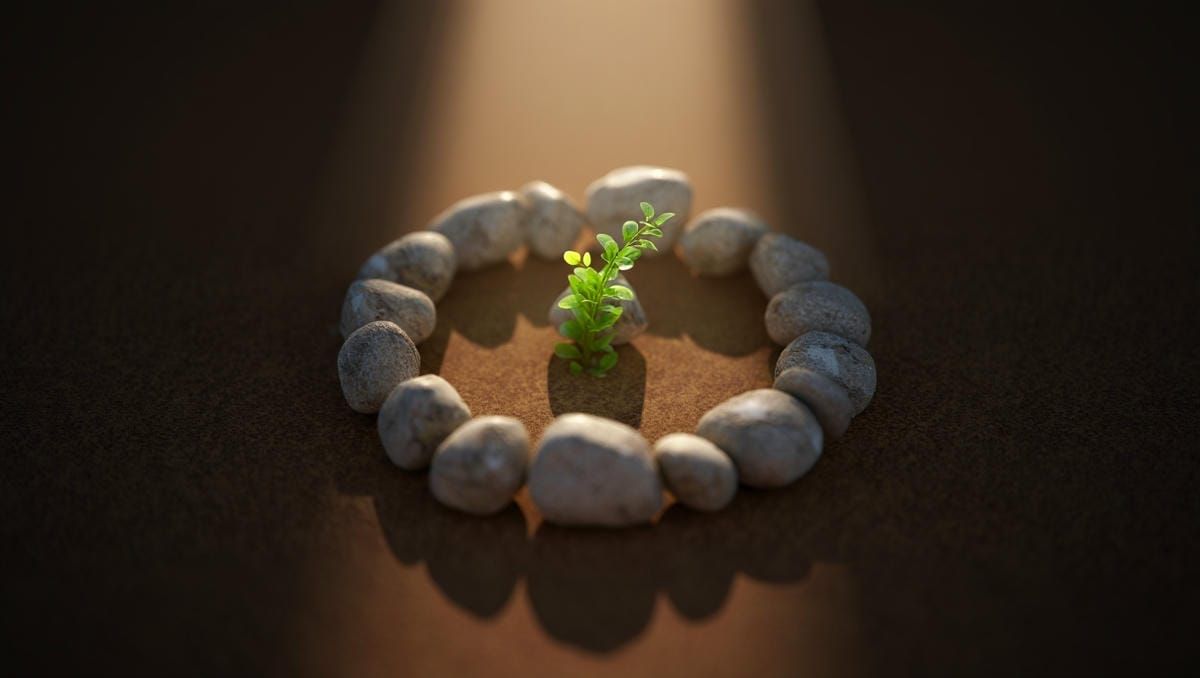 Разорванный круг из серых камней, внутри которого начинает расти зеленый росток.