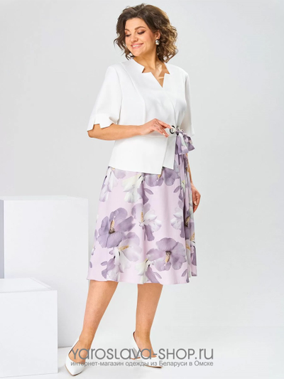Платье-имитация костюма с белым жакетом и юбкой лавандового цвета