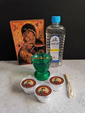 Набор для каждения ладана: Ладан Афонский 3 вида по 10 гр, Вазелиновое масло (0,5 л), Лампада из стекла, держатель, фитиль, паучок