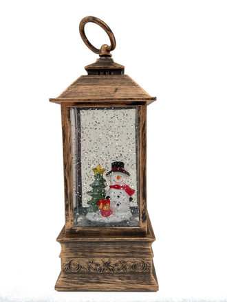 Декоративный,музыкальный ,новогодний фонарь четырехугольный/Crystal Light Снеговик с подарком маленький с USB